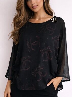 Sheer Rhinestone Designer-Inspired Logo Blouse Size L